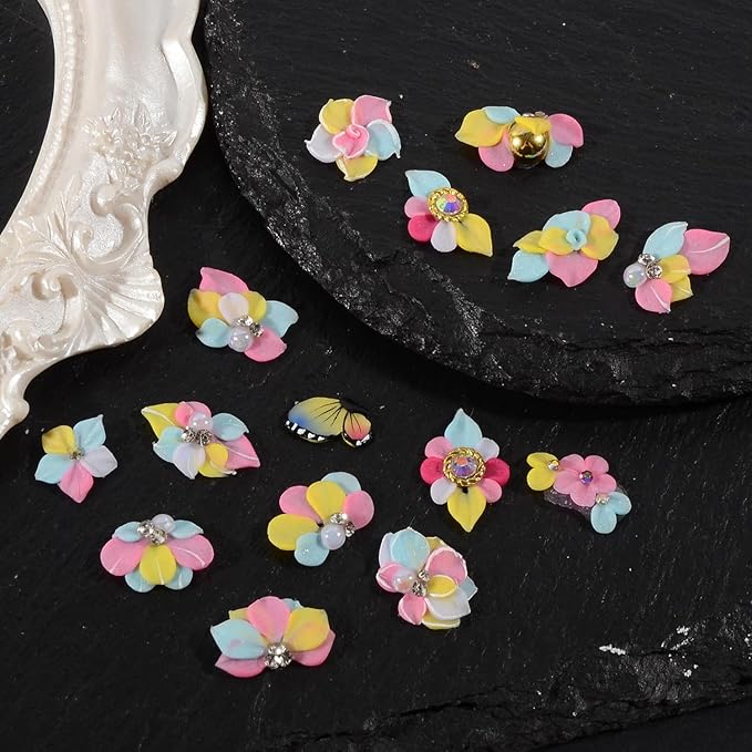 30PCS 3D Handmade Flower Nail Art Charms Advanced Handcrafted Cherry Blossom Flower Colorful Sculpted Floral Nails with Rhinestone Caviar Beads Design for Women Profession Nail Art Craft Jewelry
