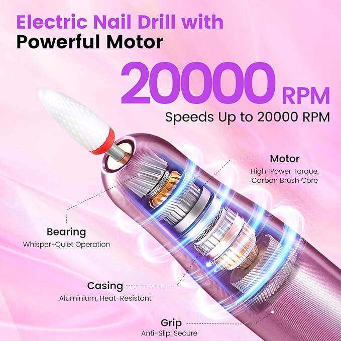 Nail Drill Kit with Dust Collector: Electric Nail File Drill Nails Machine Professional 20000RPM Nail Grinder for Acrylic Gel Removal Manicure Pedicure Tool in Cosmetic Bag Salon Home
