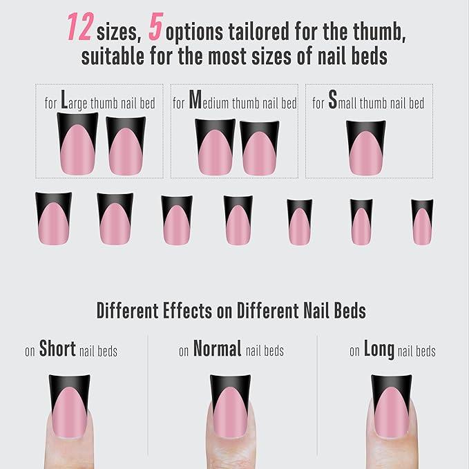 NOVO OVO Halloween Black French Tip Short Duck Nail Tips Press on, BERRY PINK Pre-designed Soft Gel Nail Extension, Extra thick Full Cover Matte Vrial False Nails for Salon DIY x 12 Sizes 240 pcs