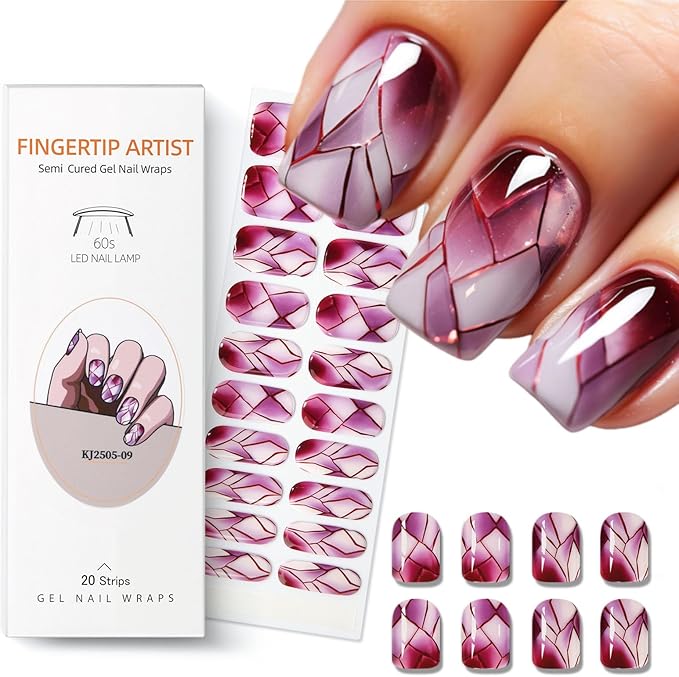 Semi Cured Gel Nail Strips,Red Marble Glass Nails Stickers with High Gloss and Glitter Design for Women,60S UV Light Curing Manicure,Long Lasting, Arts at Home