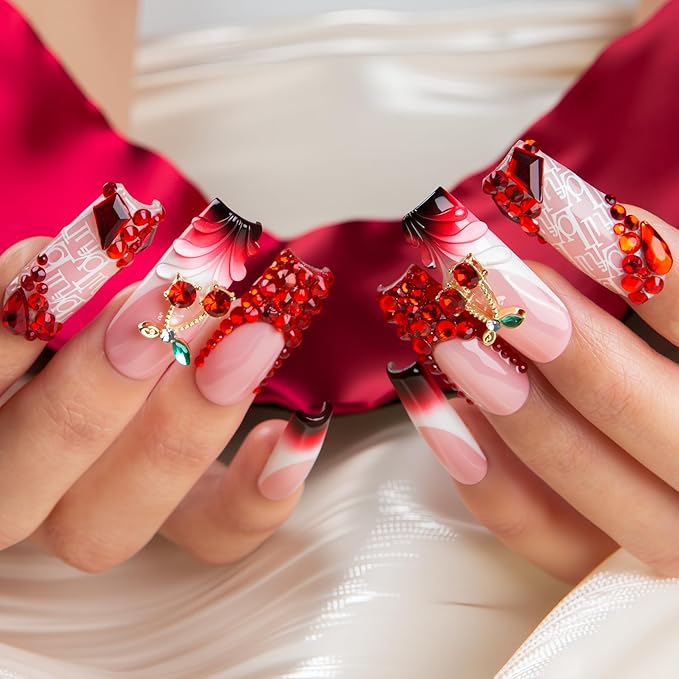 LOVFUL Short French Tip Press on Nails Cherry Obsession | Handmade Acrylic Press ons| Reusable Fake False Nails | Square Classic Regular 1.3in | H759-S