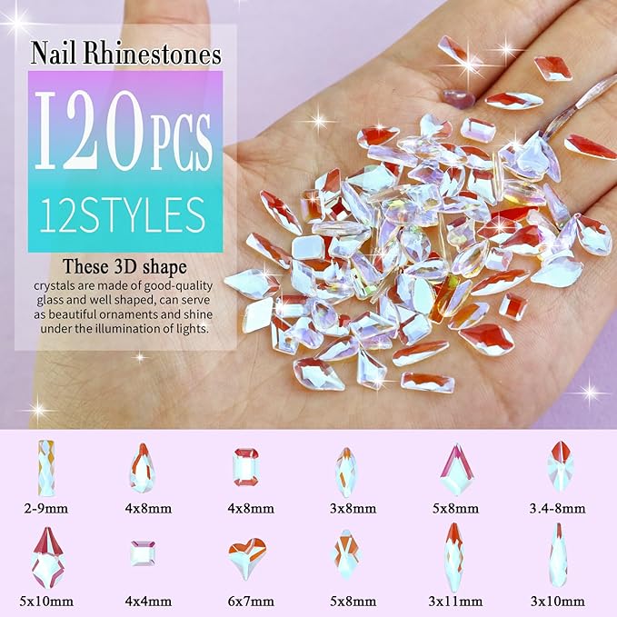 Dowarm 3200PCS Nail Art Rhinestones, Aurora Flatback Rhinestones for Nails, Crafts, 12 Styles 3D Glass Crystal Nail Gems