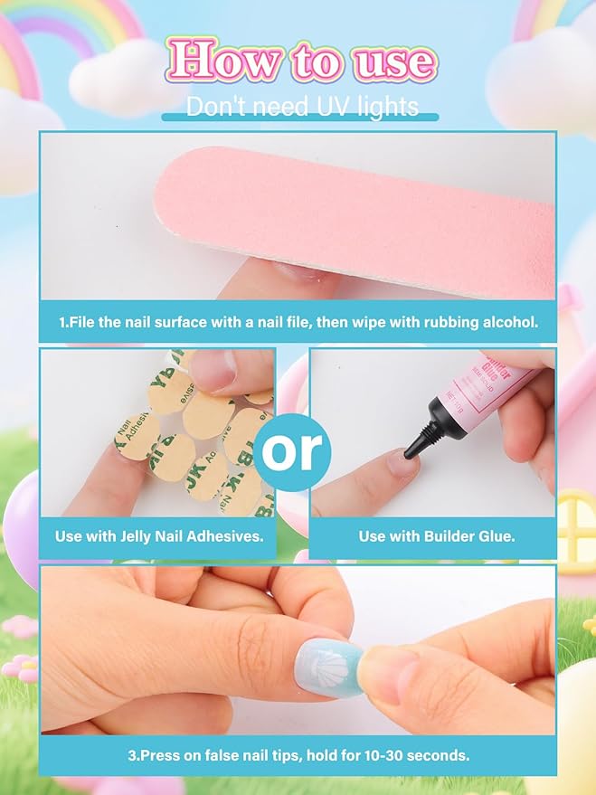 EBANKU 1 Pack Kid Fake Nail Kit, 24 Pieces Press on Nails for Kids Pale Blue Press on Nail Short Artificial False Nail Kits for Kids Girls