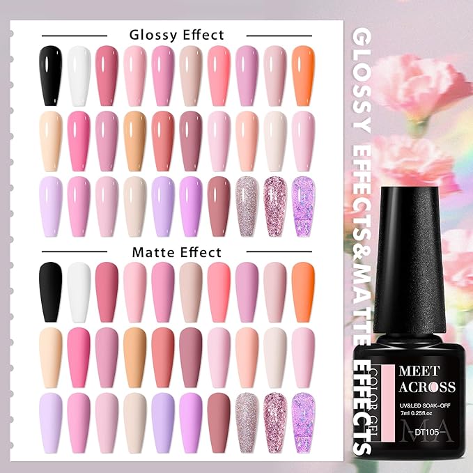 MEET ACROSS 30 Pcs Pink Gel Nail Polish Set, 30 Colors Gel Polish Nude Light Baby Pink Purple Glitter Soak off Uv Led Manicure Kit for DIY Manicure Gift for Women