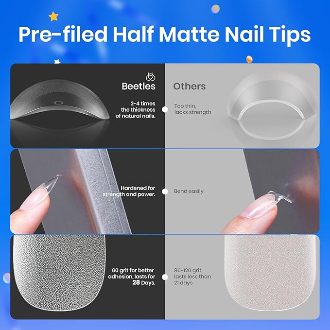Beetles Gel Nail Kit Etch-X, Almond Medium, 500pcs 12 Sizes, with 5 in 1 Glue Mini Lamp, Pre-Etched Half Matte Acrylic Nail Kit Fake Nail for Home DIY Extension Set