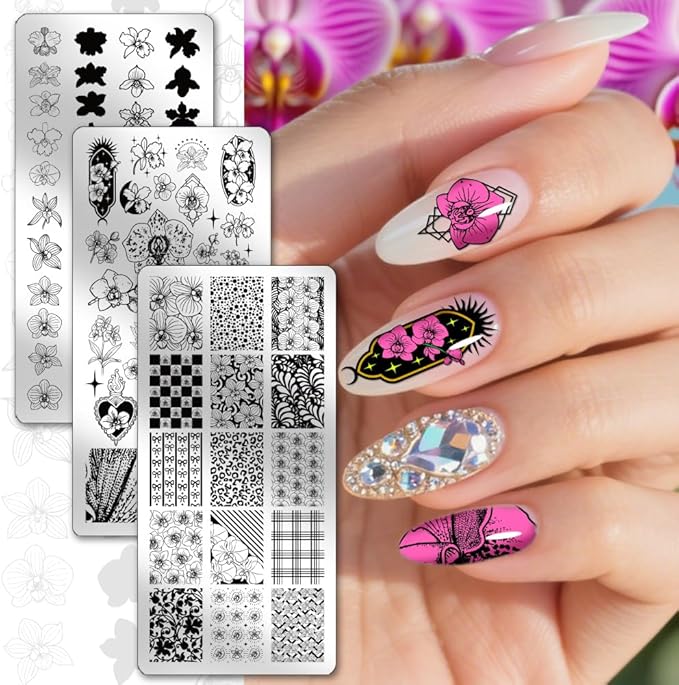 PH PandaHall 3pcs Orchids Nail Stamping Plates Flower Theme Nail Art Stencils Floral Leaf Manicure Art Templates Plants Leaves Nails Design Stamp for Women Manicures Salon DIY Printing Designs
