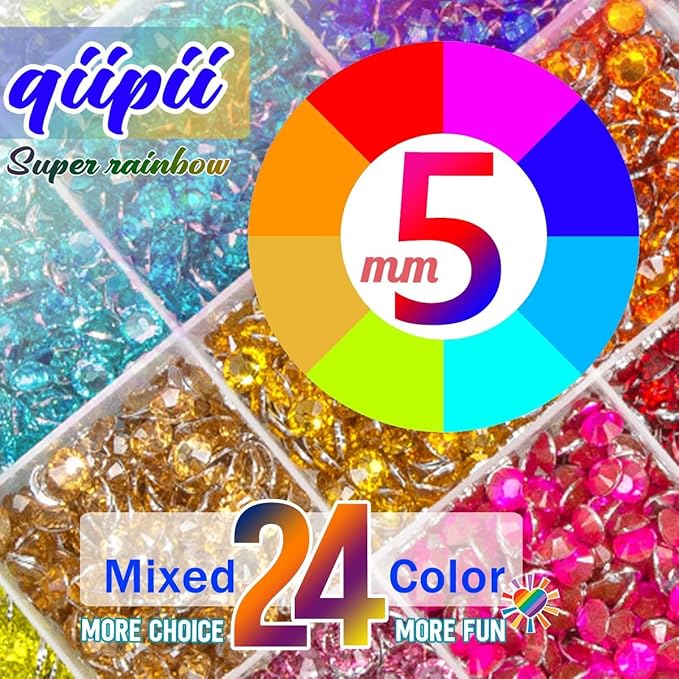 6600Pcs 24 Color 5mm Crystal Resin Rhinestones w B7000 Jewelry Glue for Bedazzling Crafting Flatback Stones Colorful Crystals Gems Diamonds Charms for Nails Eyes Face Makeup Tumblers DIY Crafts