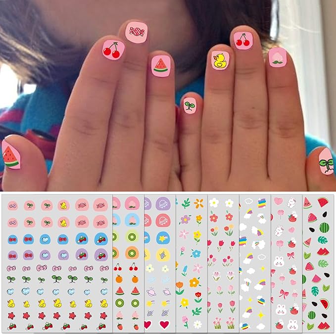 Nail Stickers for Kids - Cute 3D Self-Adhesive Designs, Flowers Leaves Animals Fruits DIY Nail Art Decals for Little Girls, Toddler (8 Sheets)