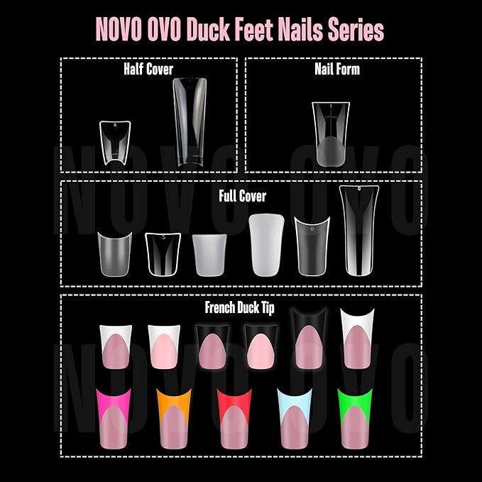 NOVO OVO Upgraded Duck Feet Nail Tips Extra Thick Short Full Cover for Press on Acrylic, Clear Pre-Etched Matte Flare Wide French Soft Gel Fake False Nail Extension Full Coverage x 12 Sizes 240 pcs