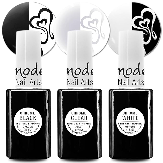SheModern CHROME BLACK + CLEAR + WHITE Stamping Polishes (Set of 3) LED/UV Cure Semi-Gel Collection For Nail Art Design with Option for Creative Dry Coloring with Chrome Pigment Powder