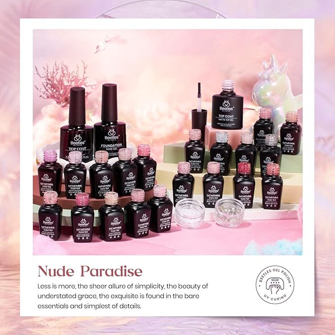 Beetles Nude Pink Gel Nail Polish Set, Nude Paradise Valentines Gel Polish Kit 25PCS 20 Colors Jelly Pink Sheer Glitter White Soak Off UV Base Glossy Matte Top Coat Nail Charms Gift for Women