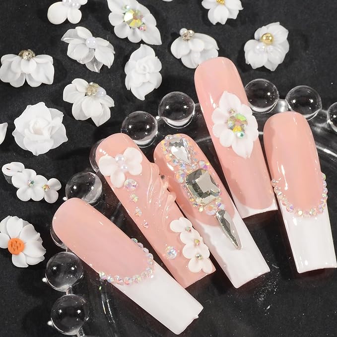 30PCS 3D Handmade Flower Nail Art Charms Advanced Handcrafted Cherry Blossom Flower Colorful Sculpted Floral Nails with Rhinestone Caviar Beads Design for Women Profession Nail Art Craft Jewelry