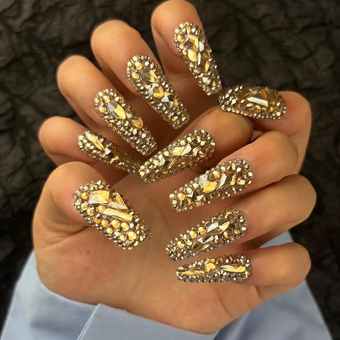 Trendy Handmade Press On Nails Long Square Shape,10Pcs Shimmery Large Acrylic Fake Nails with 3D Champagne Rhinestone Luxury Design Stick On Nail for Woman Gift