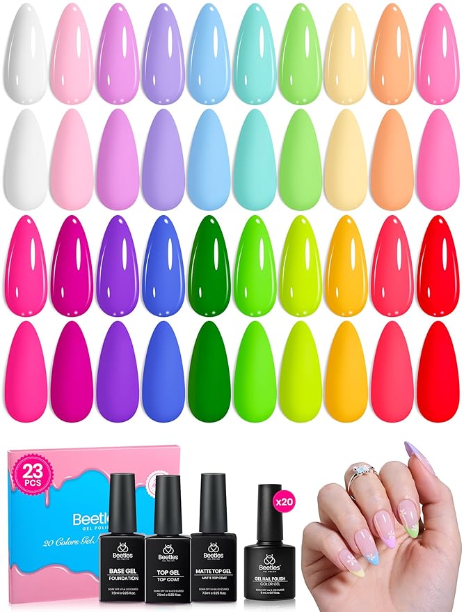 Beetles Deal Box Spring Gel Nail Polish Set - 20 Colors Pastel Neon Rainbow Bright Color Gel Polish Set with Base Top Coat HEMA-Free TPO-Free Manicure UV LED Needed DIY Salon Home Gifts for Women