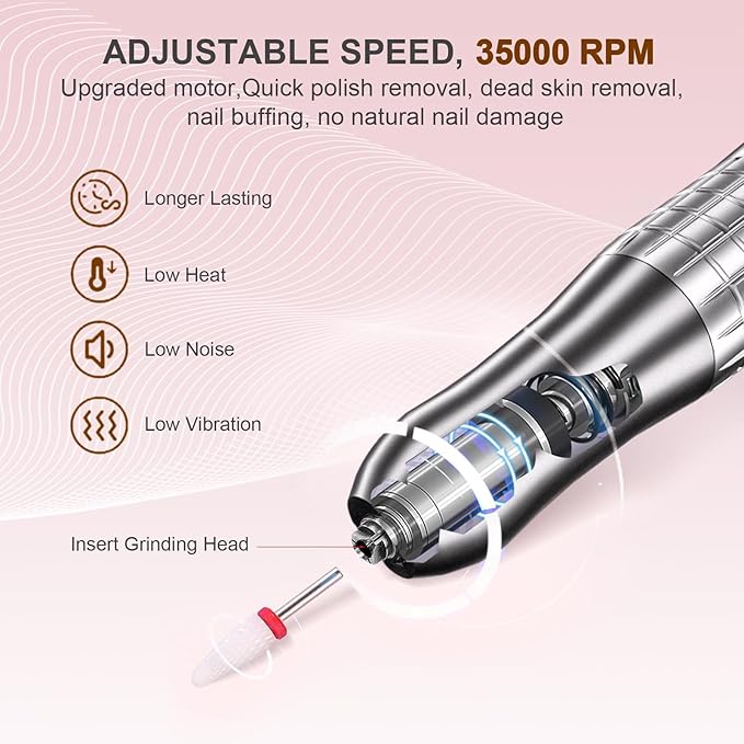 Brushless Nail Drill with UV Lamp, 35,000 RPM Electric Nail File, Portable Rechargeable Manicure & Pedicure Salon, Rose Gold