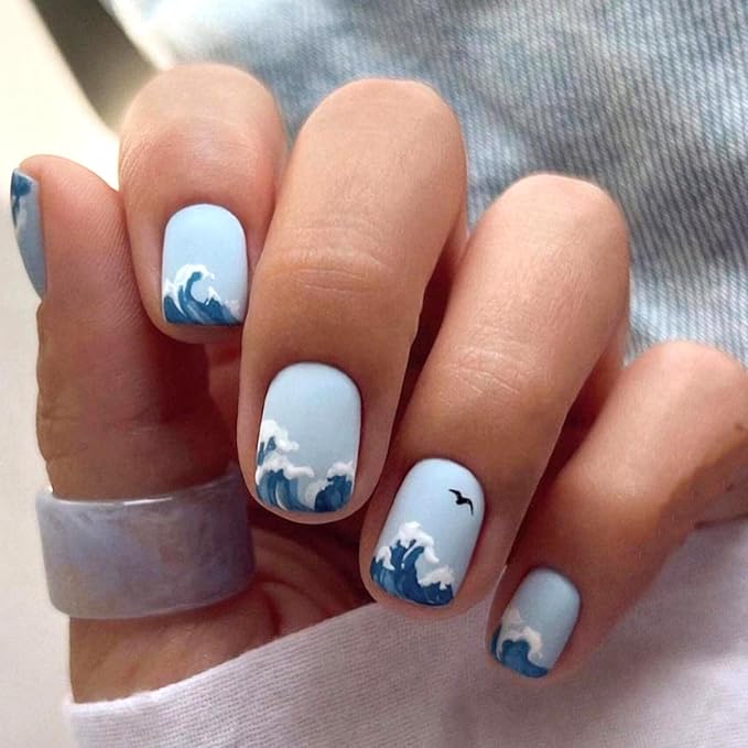 French Tip Square Acrylic Press-On Nails, 24Pcs, Blue, Waves Pattern, Matte Finish