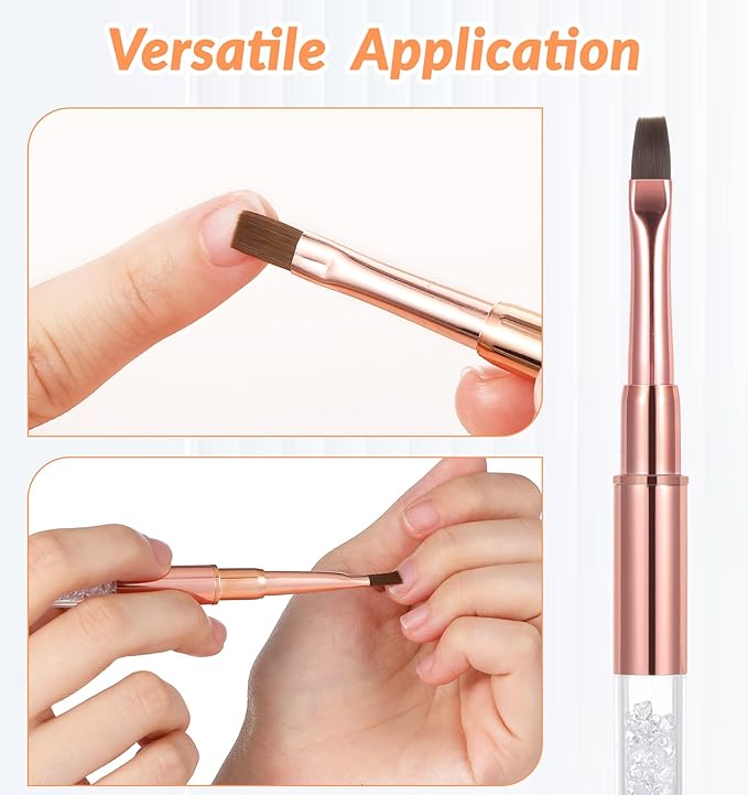 2Pcs Gel Brushes for Nails, Oval UV Builder Gel Brush for Nail Polish Brushes with Rhinestone Handle, Manicure Art Design for Nail Application, Rose Gold