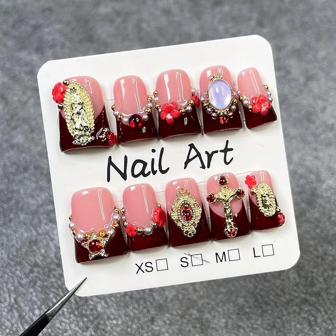 Handmade Press on Nails Wine Red French Tip 3D Flower & Golden Rhinestone Fake Nails Designs Luxury Short Duck False Nail Floral Muti-Layer Gel Thicked Acrylic Nails for Women (Size M)
