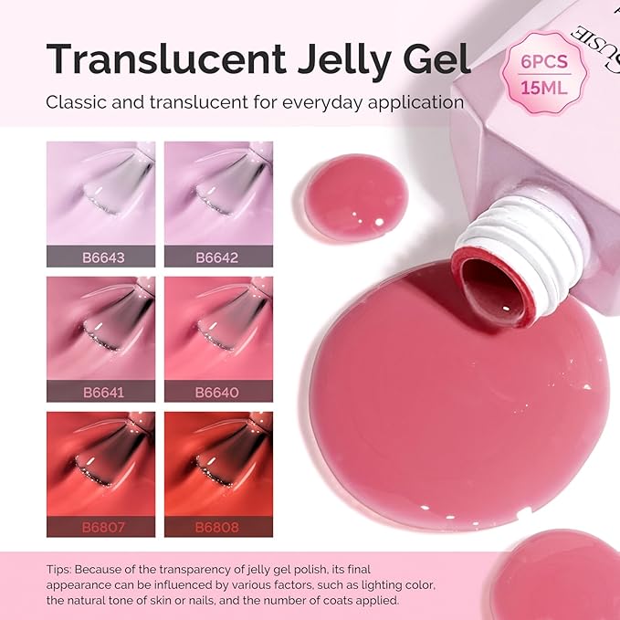 MelodySusie Jelly Gel Nail Polish Set,6 Transparent Colors,Milky or Jelly Texture,Strawberry Pink Colors Soak Off UV LED Light Cure or Salon Manicure and Nail Art DIY at Home 15ML 0.3Fl Oz