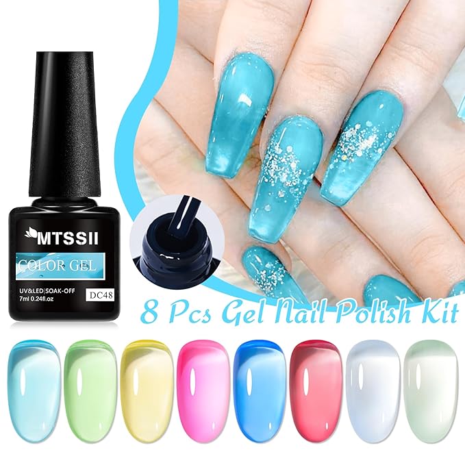 MTSSII Neon Jelly Gel Nail Polish Set 8 Pcs Clear Crytal Glass Gel Polish Yellow Blue Green Red Pink Transparent Sheer Nail Art Varnish Manicure LED UV Curing Required Iridescent Colors