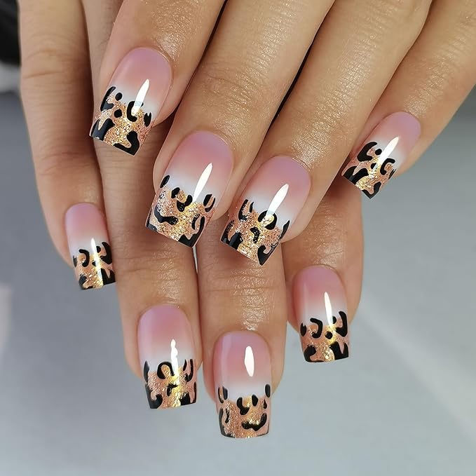 Curvlife Soft Gel Press on Nails Square Fake Nails with Design Full Cover False Nails for Women Reusable Nail Kit with Nail Glue Adhesive Tabs Nail File (leopard print, Long)