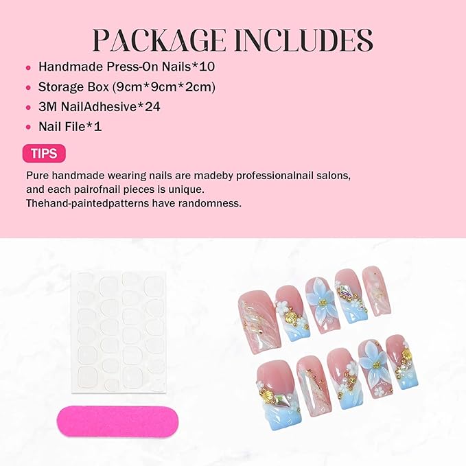 10Pcs Handmade Press on Nails Medium Square Fake Nails with 3D Flower Art Design Light Blue French False Nails Luxury Acrylic Nails Press Ons Reusable Stick on Nail for Women (Size M)