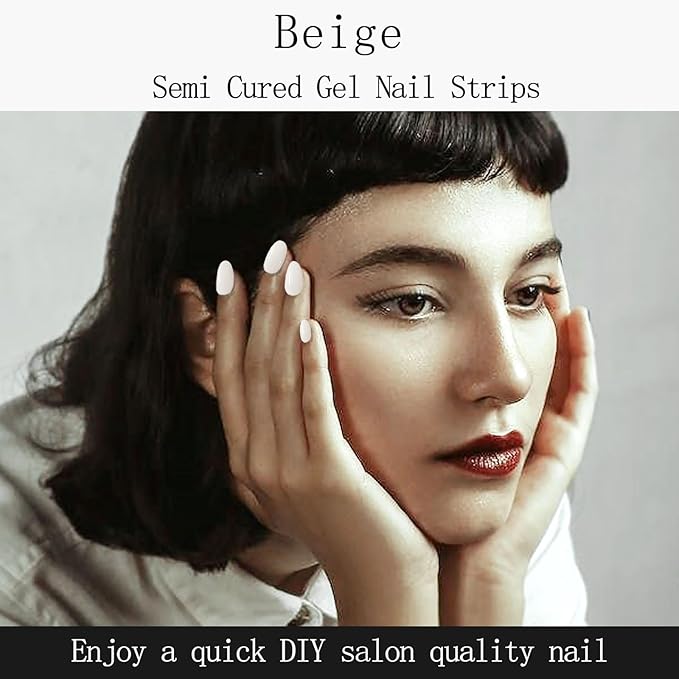 Cream Semi Cured Gel Nail Strips 20Pcs Pink Gel Nail Stickers Polish Nails Wraps UV/LED Light Needed Full Gloss Nails Polish Strips for Women Includes Prep Pads, File, Wooden Cuticle Stick