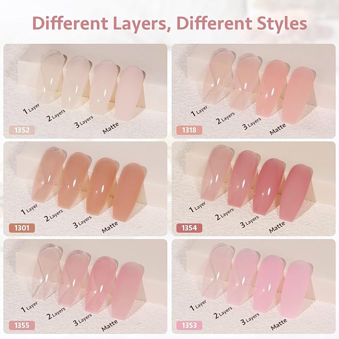 GAOY Jelly Nude Pink Gel Nail Polish Set, 6 Transparent Sheer Colors Soak Off UV Light Cure Gel Polish Kit for Salon and Nail Art DIY at Home