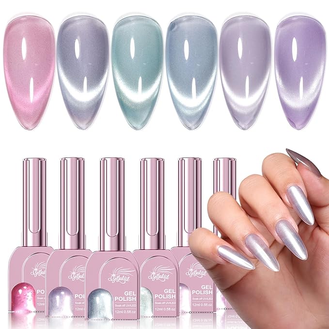 Cat Eye Gel Nail Polish Set, 6 Colors 12ML Glass Nail Polish Gel with Magnet, Soak Off UV LED for Home Salon Manicure Gift for Women