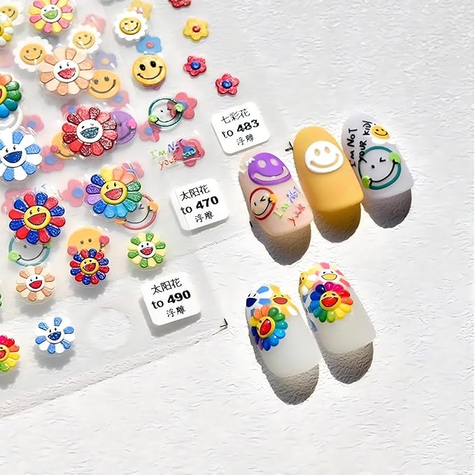 Dedyel Smile Nail Art Stickers Cute Nail Stickers Cartoon Nail Stickers 5D Embossed Smile Face Nail Stickers Kawaii Self-Adhesive Nail Stickers for Women Girls Kids Nail Art Decoration
