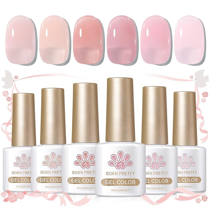 Born Pretty Jelly Pink Gel Nail Polish Set,Valentine's Day Nude Pink Translucent Gel Polish,6 Transparent Sheer Colors Soak Off U V Light Cure Gel Polish Kit Nail Art Manicure DIY Kit Home Salon 7ML