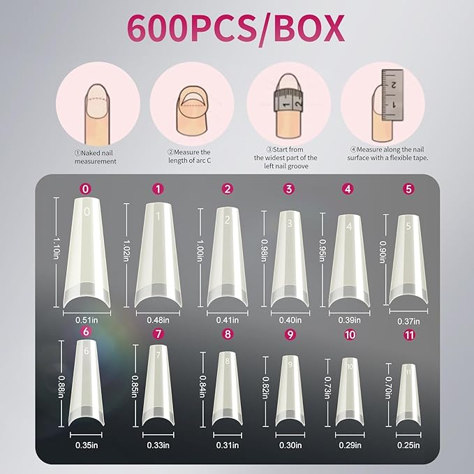 krofaue Natural Acrylic Nail Tips Square - 600PCS Half Cover Coffin False Nails 12 Size with Box for Salon and Home DIY