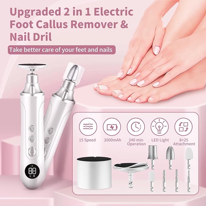 Electric Nail Drill Kit, Cordless Manicure Pedicure Kit with Memory Modes, 15 Speed Portable Nail Drill Machine, Callus Remover with 25Pcs Sandpaper Discs,Hand Foot Care Tool for Thick Nail Toenail