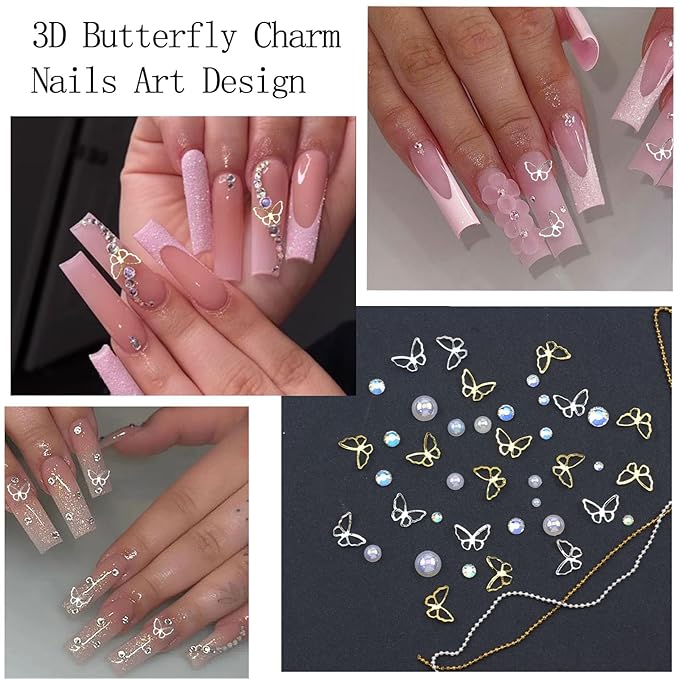 Flatback Nail Art Pearls Flower Bow Butterfly Nail Charms with Rhinestones Gold Silver Colorful Pearls Rhinestones Gems for Women Acrylic Manicure Decorations Supplies