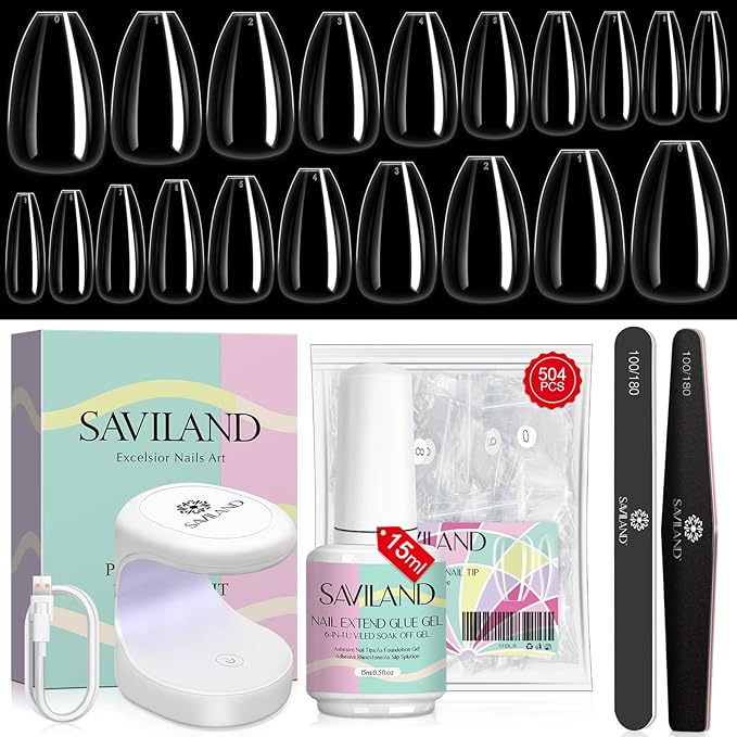 SAVILAND Nail Kit for Beginners: 500 Pcs Nail Tips Pre-Shaped Clear Short Nail Tips with 4-in-1 Nail Glue and Mini Nail Lamp Nail Extension Kit, Nail Art DIY at Home Salon Gift for Women