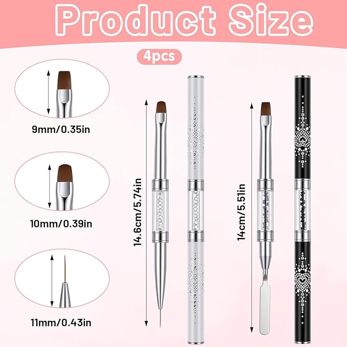 Double Ended Nail Builder Gel Brush, 4 Pcs Hard Gel Nail Brushes for Builder Gels Nails Brush Liner Brushes Professional Nails Art Design Tools for Manicure & Salon Use