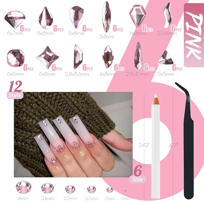 2052Pcs Pink Nail Rhinestones 12 Shapes Light Pink Rhinestones for Nails Flatback K9 Glass Gems Round Beads Stones Diamonds Crystals Nail Charms Art Supplies for Nails Face Eyes Makeup Crafts