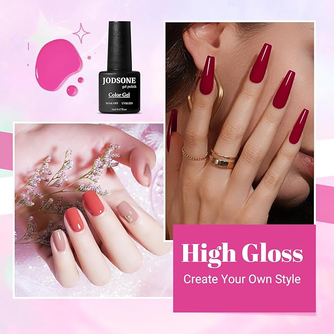 JODSONE 23 PCS Glitter Gel Polish with Soak off Base Coat Matte and Glossy Top Coat Glitter 2026 Valentine's Day Red Pink Color High Shine and Fashion Gel Nail Polish Kit