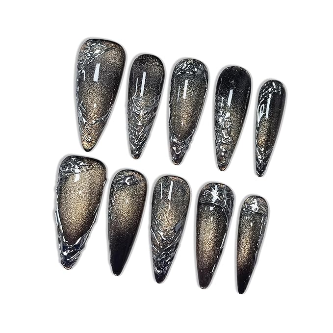 Black Cat Eye Press on Nails with Hand-Painted 3D Metallic Texture Lines, Long Stiletto Glossy Iced Punk Fake Nails, Reusable Edgy False Nails for Women Goth Party Special Occasion (Size M)