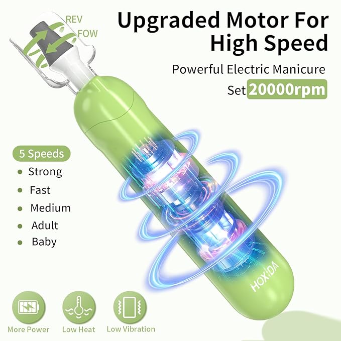 Professional Manicure Pedicure Kit, Cordless Electric Nail File Set, Rechargeable Pedicure Tools for feet, 5 Speeds Hand Foot Care Nail Drill for Thick Nail Toenail Cuticle Women Men Baby Pets-Green