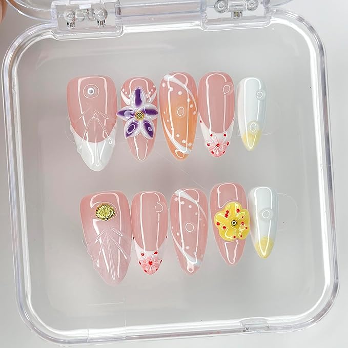 Luxury Press on Nails Medium Almond Handmade 3D Unique Reusable ABS Material Fake Nails French Tip False Nails with Designs Yellow&Purple Floral Art Petal Glossy Glue on Nails Thick Acrylic Nails(M)