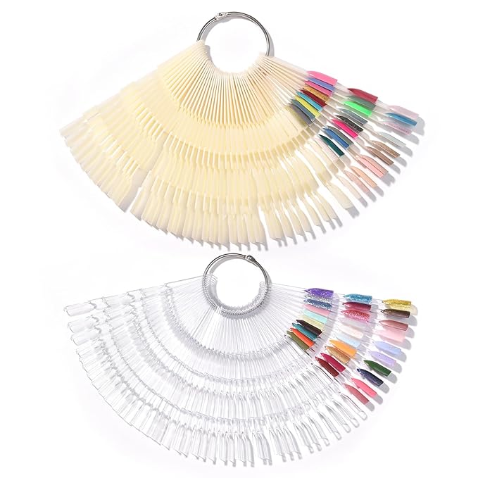 300 Tips Nail Swatch Sticks with Metal Split Ring Fan-shaped Display Nail Practice Sticks Nail Sample Swatches for Nail Art Polish Practice Nail Color Display (Clear and natural)