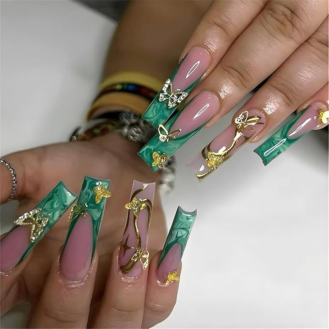 Almond Acrylic Full Cover Nails 24pcs Green Glossy False Nails with Butterfly Designs French Tip Press-On Nails
