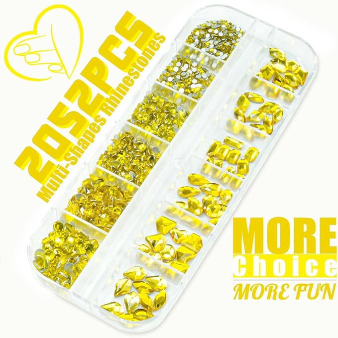 2052Pcs Golden Yellow Nail Rhinestones Kit 72 Multi Shapes Crystal Flatback Lemon Yellow Big Gems Round Beads K9 Glass Stones Diamonds jewels Charms for Nails Faces Eyes Makeup Tumblers Bottles