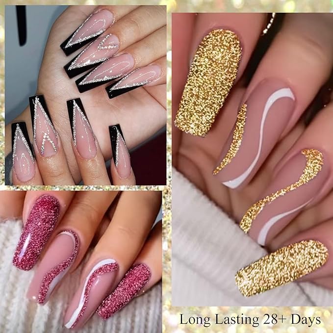 MTSSII Reflective Glitter Liner Nail Gel With Thin Nail Art Brush In Bottle, Sparkly Golden Silvery Nail Art Polish, Painting Liner Gel Polish for Swirl Nails Cyber Punk French Acrylic Nail