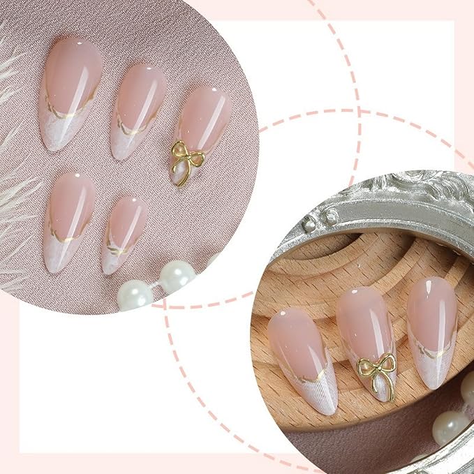 French Tip Press On Nails Medium Almond 24Pcs Glossy Gold Curve Line Marbled Designs Full Cover Acrylic Nails for Women Girls