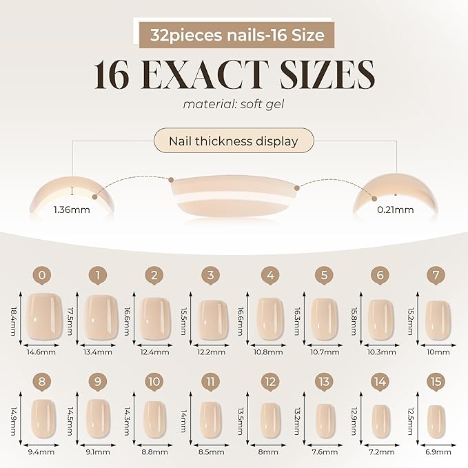 UNA GELLA Short Square Press On Nails: Nude Soft Gel Press Ons Short with Nail Glue, 16 Sizes - 32 Reusable Fake Nails Kit, Skin Tone Nude