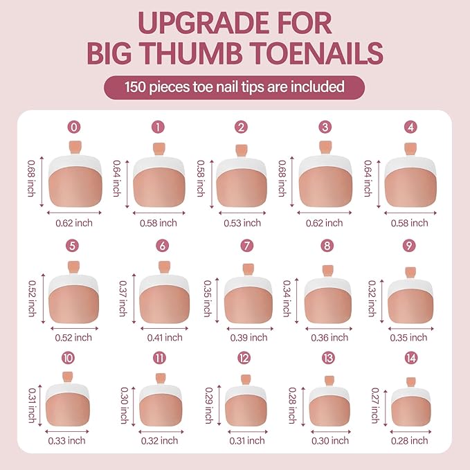 Vansiho 150 pcs Fake Toe Nail Tips Press on, French Tip Soft Gel Toenail Extension Brown White, Square Round Toenail Pre-applied Tip Primer & Base Coat, Soft Gel Fake Toe Nails for Home DIY 15 Sizes