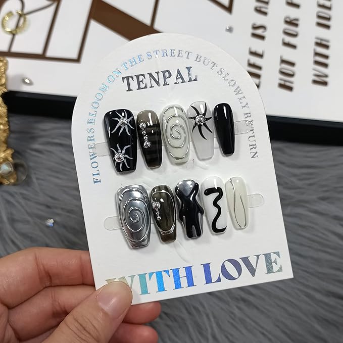 Dark Silver Gothic Press on Nails Long Coffin Shape 3D Embossed Sun Design Fake Nails Hand Painted Art for Women Fall Winter Ins Style(S)