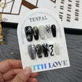 Dark Silver Gothic Press on Nails Long Coffin Shape 3D Embossed Sun Design Fake Nails Hand Painted Art for Women Fall Winter Ins Style(M)